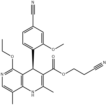 1,6-Naphthyridine-3-carboxylic acid, 4-(4-cyano-2-methoxyphenyl)-5-ethoxy-1,4-dihydro-2,8-dimethyl-, 2-cyanoethyl ester, (4R)- Struktur