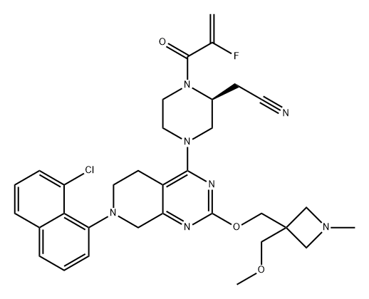 2-Piperazineacetonitrile, 4-[7-(8-chloro-1-naphthalenyl)-5,6,7,8-tetrahydro-2-[[3-(methoxymethyl)-1-methyl-3-azetidinyl]methoxy]pyrido[3,4-d]pyrimidin-4-yl]-1-(2-fluoro-1-oxo-2-propen-1-yl)-, (2S)- Struktur