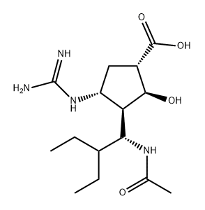 Cyclopentanecarboxylic acid, 3-[(1R)-1-(acetylamino)-2-ethylbutyl]-4-[(aminoiminomethyl)amino]-2-hydroxy-, (1S,2S,3R,4R)- Struktur