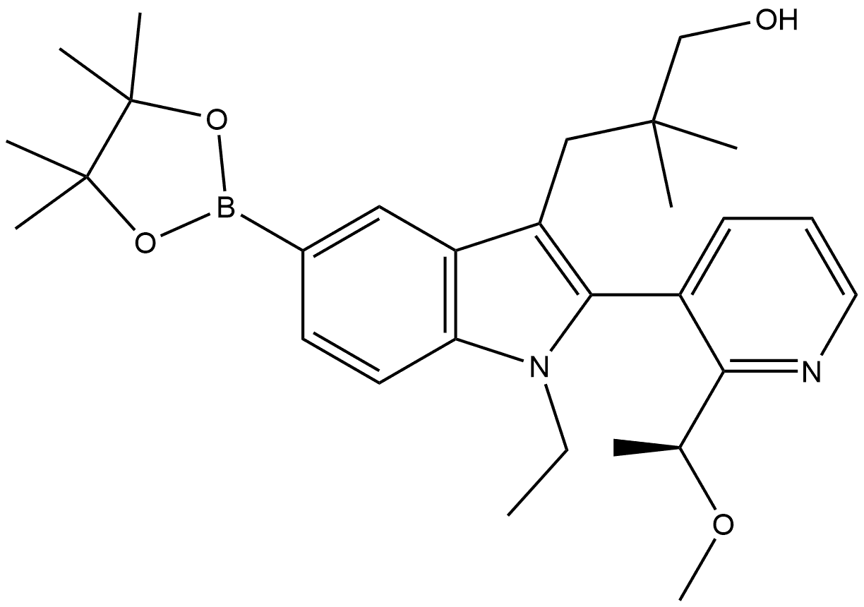 (S)-3-(1-乙基-2-(2-(1-甲氧基乙基)吡啶-3-基)-5-(4,4,5,5-四甲基-1,3,2-二氧硼杂硼烷-2) -基)-1H-吲哚-3-基)-2,2-二甲基丙-1-醇, 2641824-08-8, 结构式