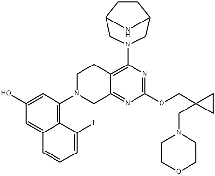 2-Naphthalenol, 4-[4-(3,8-diazabicyclo[3.2.1]oct-3-yl)-5,8-dihydro-2-[[1-(4-morpholinylmethyl)cyclopropyl]methoxy]pyrido[3,4-d]pyrimidin-7(6H)-yl]-5-iodo- Struktur