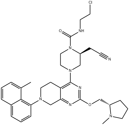 1-Piperazinecarboxamide, N-(2-chloroethyl)-2-(cyanomethyl)-4-[5,6,7,8-tetrahydro-7-(8-methyl-1-naphthalenyl)-2-[[(2S)-1-methyl-2-pyrrolidinyl]methoxy]pyrido[3,4-d]pyrimidin-4-yl]-, (2S)- Structure