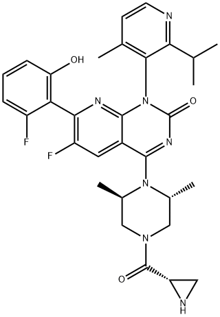 Pyrido[2,3-d]pyrimidin-2(1H)-one, 4-[(2R,6R)-4-[(2S)-2-aziridinylcarbonyl]-2,6-dimethyl-1-piperazinyl]-6-fluoro-7-(2-fluoro-6-hydroxyphenyl)-1-[4-methyl-2-(1-methylethyl)-3-pyridinyl]- Struktur