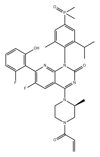 Pyrido[2,3-d]pyrimidin-2(1H)-one, 1-[4-(dimethylphosphinyl)-2-methyl-6-(1-methylethyl)phenyl]-6-fluoro-7-(2-fluoro-6-hydroxyphenyl)-4-[(2S)-2-methyl-4-(1-oxo-2-propen-1-yl)-1-piperazinyl]- Structure