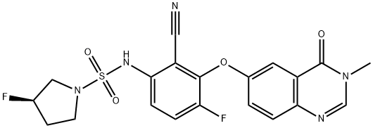 1-Pyrrolidinesulfonamide, N-[2-cyano-3-[(3,4-dihydro-3-methyl-4-oxo-6-quinazolinyl)oxy]-4-fluorophenyl]-3-fluoro-, (3R)- Struktur