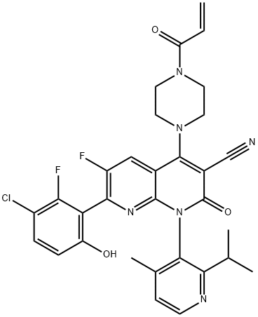 1,8-Naphthyridine-3-carbonitrile, 7-(3-chloro-2-fluoro-6-hydroxyphenyl)-6-fluoro-1,2-dihydro-1-[4-methyl-2-(1-methylethyl)-3-pyridinyl]-2-oxo-4-[4-(1-oxo-2-propen-1-yl)-1-piperazinyl]- Structure