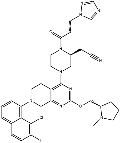 2-Piperazineacetonitrile, 4-[7-(8-chloro-7-fluoro-1-naphthalenyl)-5,6,7,8-tetrahydro-2-[[(2S)-1-methyl-2-pyrrolidinyl]methoxy]pyrido[3,4-d]pyrimidin-4-yl]-1-[1-oxo-3-(1H-1,2,4-triazol-1-yl)-2-propen-1-yl]-, (2S)- Struktur