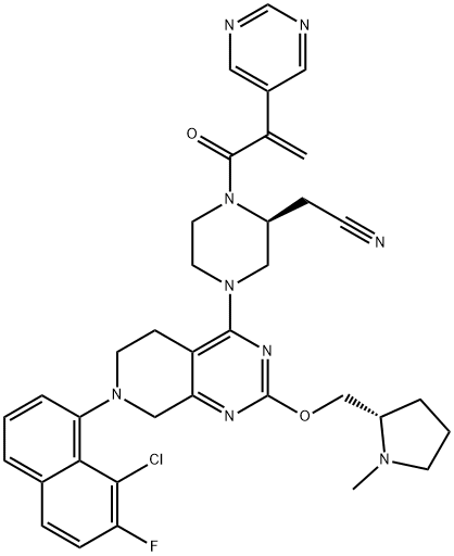 2-Piperazineacetonitrile, 4-[7-(8-chloro-7-fluoro-1-naphthalenyl)-5,6,7,8-tetrahydro-2-[[(2S)-1-methyl-2-pyrrolidinyl]methoxy]pyrido[3,4-d]pyrimidin-4-yl]-1-[1-oxo-2-(5-pyrimidinyl)-2-propen-1-yl]-, (2S)- Structure