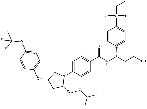 Benzamide, 4-[(2S,4S)-2-[(difluoromethoxy)methyl]-4-[4-(trifluoromethoxy)phenoxy]-1-pyrrolidinyl]-N-[(1S)-1-[4-(ethylsulfonyl)phenyl]-3-hydroxypropyl]-,2673278-10-7,结构式