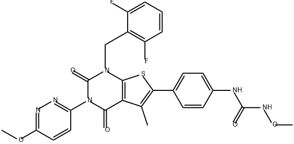 Urea, N-[4-[1-[(2,6-difluorophenyl)methyl]-1,2,3,4-tetrahydro-3-(6-methoxy-3-pyridazinyl)-5-methyl-2,4-dioxothieno[2,3-d]pyrimidin-6-yl]phenyl]-N'-methoxy- Struktur