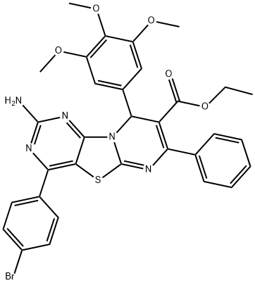 9H-Pyrimido[4',5':4,5]thiazolo[3,2-a]pyrimidine-8-carboxylic acid, 2-amino-4-(4-bromophenyl)-7-phenyl-9-(3,4,5-trimethoxyphenyl)-, ethyl ester,2697171-03-0,结构式