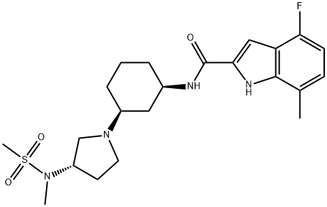 1H-Indole-2-carboxamide, 4-fluoro-7-methyl-N-[(1R,3S)-3-[(3S)-3-[methyl(methylsulfonyl)amino]-1-pyrrolidinyl]cyclohexyl]- Struktur