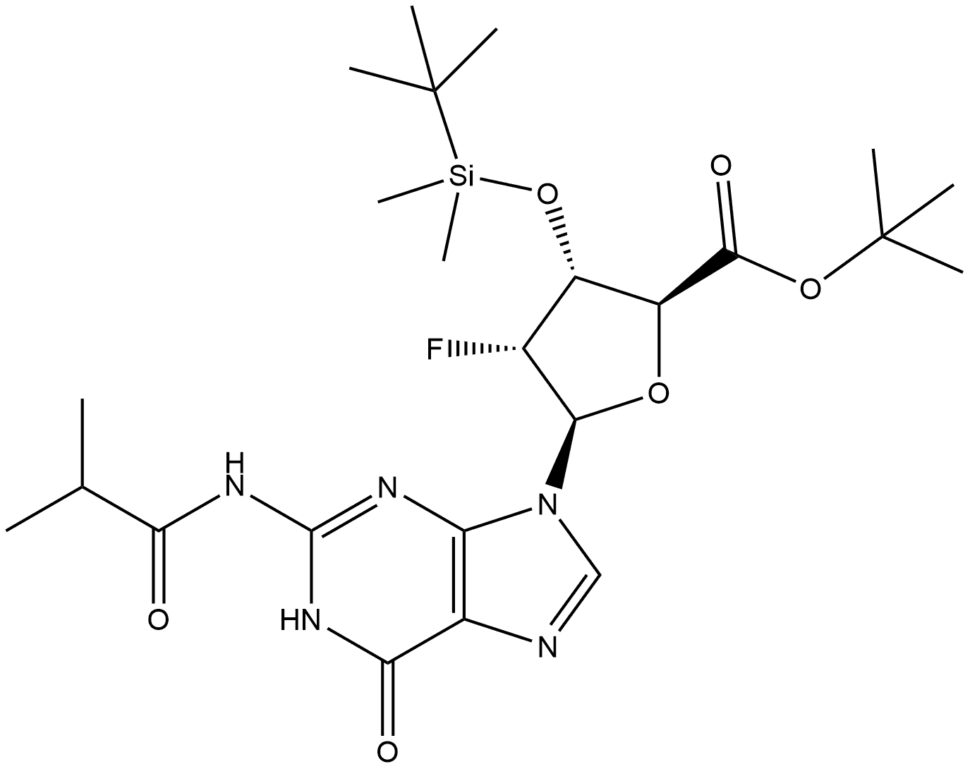 β-D-Ribofuranuronic acid, 1,2-dideoxy-1-[1,6-dihydro-2-[(2-methyl-1-oxopropyl)amino]-6-oxo-9H-purin-9-yl]-3-O-[(1,1-dimethylethyl)dimethylsilyl]-2-fluoro-, 1,1-dimethylethyl ester 结构式