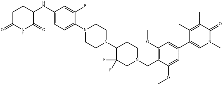 2,6-Piperidinedione, 3-[[4-[4-[1-[[4-(1,6-dihydro-1,4,5-trimethyl-6-oxo-3-pyridinyl)-2,6-dimethoxyphenyl]methyl]-3,3-difluoro-4-piperidinyl]-1-piperazinyl]-3-fluorophenyl]amino]- Struktur