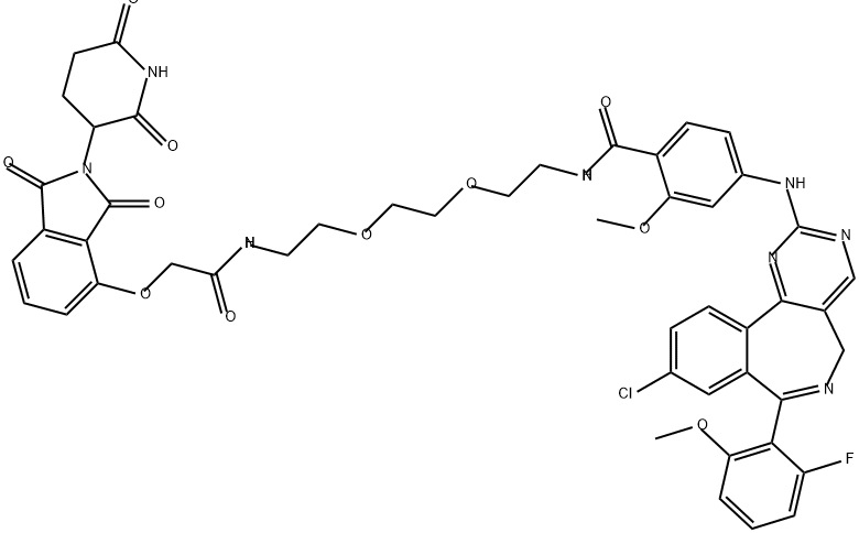 Benzamide, 4-[[9-chloro-7-(2-fluoro-6-methoxyphenyl)-5H-pyrimido[5,4-d][2]benzazepin-2-yl]amino]-N-[2-[2-[2-[[2-[[2-(2,6-dioxo-3-piperidinyl)-2,3-dihydro-1,3-dioxo-1H-isoindol-4-yl]oxy]acetyl]amino]ethoxy]ethoxy]ethyl]-2-methoxy- Structure
