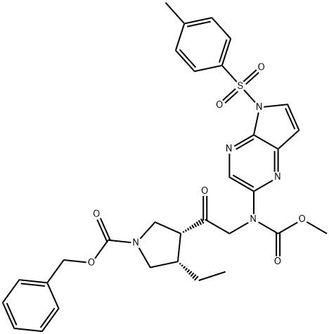 1-Pyrrolidinecarboxylic acid, 3-ethyl-4-[2-[(methoxycarbonyl)[5-[(4-methylphenyl)sulfonyl]-5H-pyrrolo[2,3-b]pyrazin-2-yl]amino]acetyl]-, phenylmethyl ester, (3S,4R)- Structure