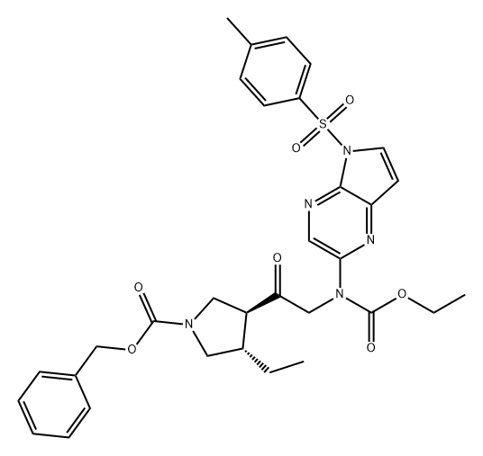 1-Pyrrolidinecarboxylic acid, 3-[2-[(ethoxycarbonyl)[5-[(4-methylphenyl)sulfonyl]-5H-pyrrolo[2,3-b]pyrazin-2-yl]amino]acetyl]-4-ethyl-, phenylmethyl ester, (3S,4S)- Structure