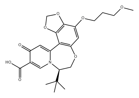12H-1,3-Dioxolo[4,5-g]pyrido[1,2-d][1,4]benzoxazepine-11-carboxylic acid, 8-(1,1-dimethylethyl)-7,8-dihydro-4-(3-methoxypropoxy)-12-oxo-, (8R)- Struktur