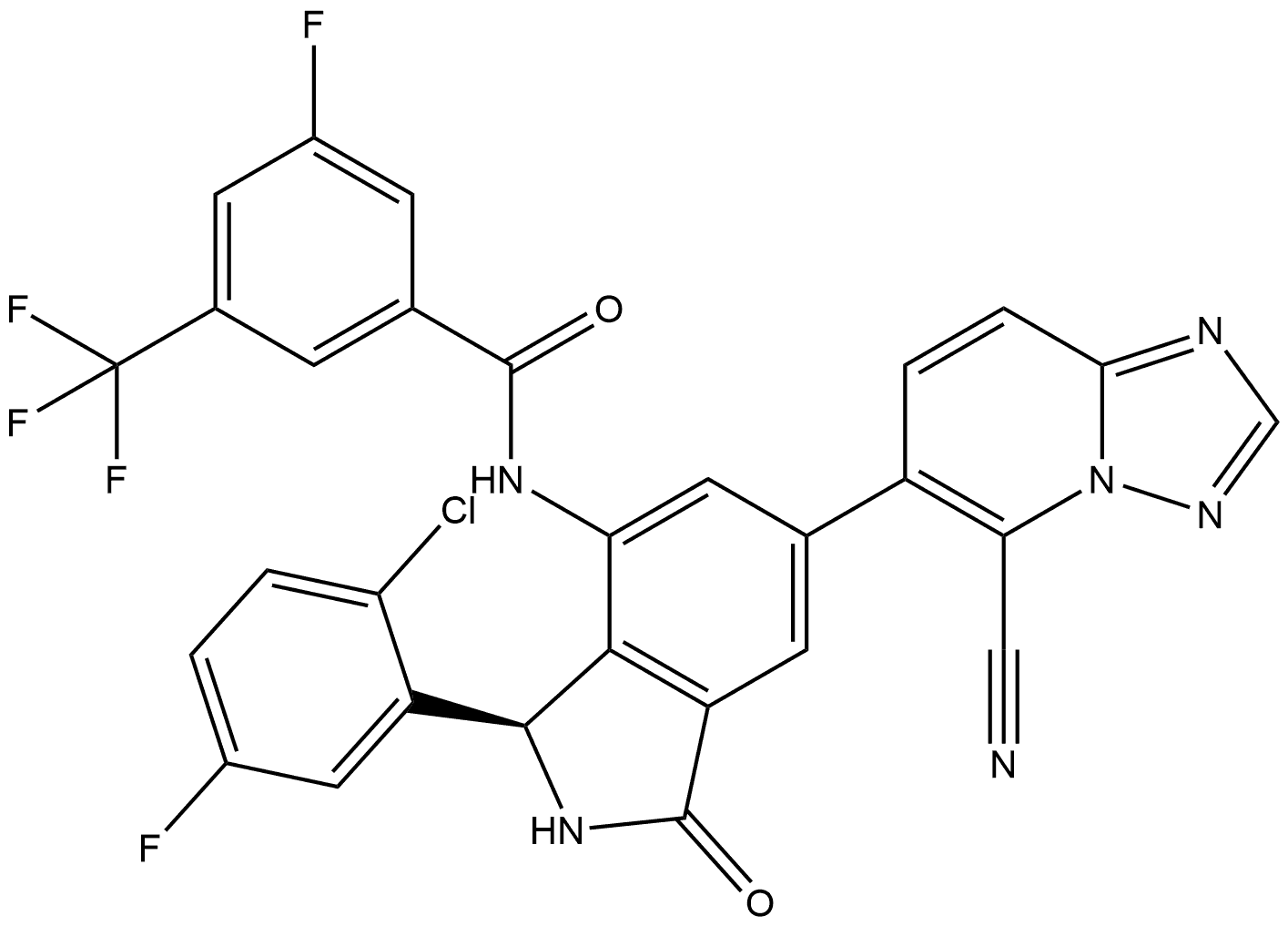 N-[(3R)-3-(2-chloro-5-fluorophenyl)-6-(5-cyano-[1,2,4]triazolo[1,5-a]pyridin-6-yl)-1-oxo-2,3-dihydroisoindol-4-yl]-3-fluoro-5-(trifluoromethyl)benzamide Structure