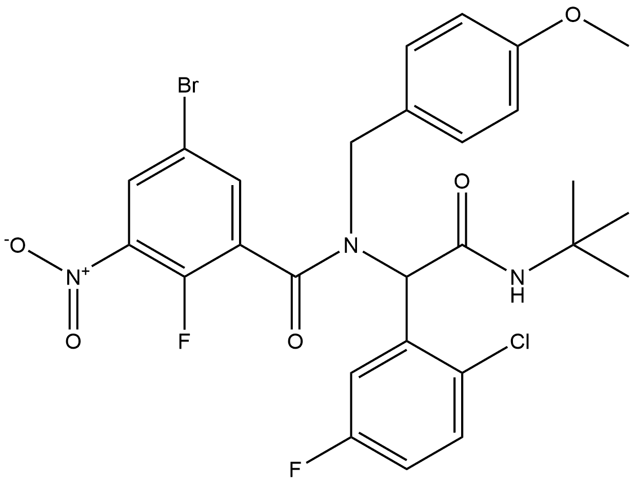5-溴-N-(2-(叔丁基氨基)-1-(2-氯-5-氟苯基)-2-氧代乙基)-2-氟-N-(4-甲氧基苄基)-3-硝基苯甲酰胺, 2734770-41-1, 结构式