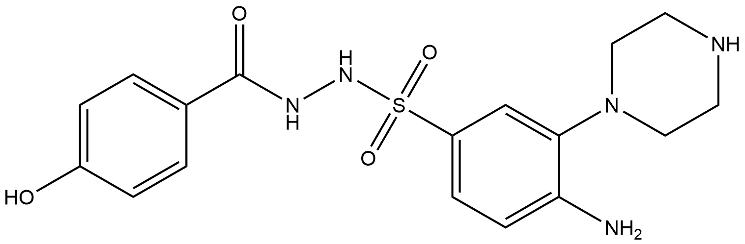 4-amino-N'-(4-hydroxybenzoyl)-3-(piperazin-1-yl)benzenesulfonohydrazide Struktur