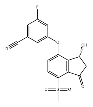 Benzonitrile, 3-[[(3R)-2,3-dihydro-3-hydroxy-7-(methylsulfonyl)-1-oxo-1H-inden-4-yl]oxy]-5-fluoro- Struktur