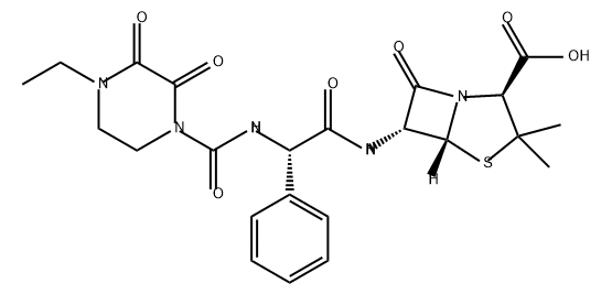 4-Thia-1-azabicyclo[3.2.0]heptane-2-carboxylic acid, 6-[[(2S)-2-[[(4-ethyl-2,3-dioxo-1-piperazinyl)carbonyl]amino]-2-phenylacetyl]amino]-3,3-dimethyl-7-oxo-, (2S,5R,6R)- Struktur