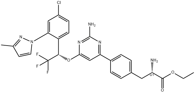 丙酸乙酯(S)-2-氨基-3-(4-(2-氨基-6-((S)-1-(4-氯-2-(3-甲基-1H-吡唑-1-基)苯基)-2,2,2-三氟乙氧基)嘧啶-4-基)苯基, 2749404-85-9, 结构式