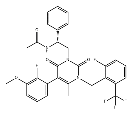Acetamide, N-[(1R)-2-[5-(2-fluoro-3-methoxyphenyl)-3-[[2-fluoro-6-(trifluoromethyl)phenyl]methyl]-3,6-dihydro-4-methyl-2,6-dioxo-1(2H)-pyrimidinyl]-1-phenylethyl]- Structure