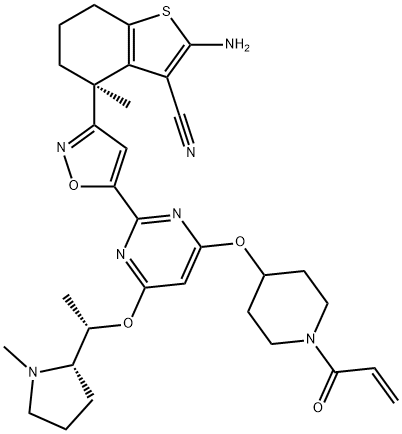 Benzo[b]thiophene-3-carbonitrile, 2-amino-4,5,6,7-tetrahydro-4-methyl-4-[5-[4-[(1S)-1-[(2S)-1-methyl-2-pyrrolidinyl]ethoxy]-6-[[1-(1-oxo-2-propen-1-yl)-4-piperidinyl]oxy]-2-pyrimidinyl]-3-isoxazolyl]-, (4S)-,2749963-77-5,结构式