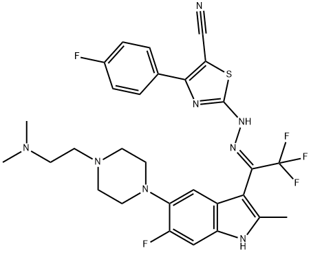 5-Thiazolecarbonitrile, 2-[(2Z)-2-[1-[5-[4-[2-(dimethylamino)ethyl]-1-piperazinyl]-6-fluoro-2-methyl-1H-indol-3-yl]-2,2,2-trifluoroethylidene]hydrazinyl]-4-(4-fluorophenyl)- Struktur