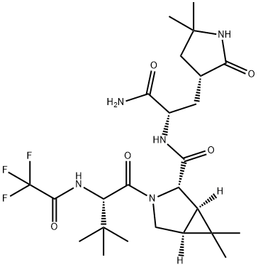 3-Azabicyclo[3.1.0]hexane-2-carboxamide, N-[(1S)-2-amino-1-[[(3R)-5,5-dimethyl-2-oxo-3-pyrrolidinyl]methyl]-2-oxoethyl]-3-[(2S)-3,3-dimethyl-1-oxo-2-[(2,2,2-trifluoroacetyl)amino]butyl]-6,6-dimethyl-, (1R,2S,5S)- Struktur