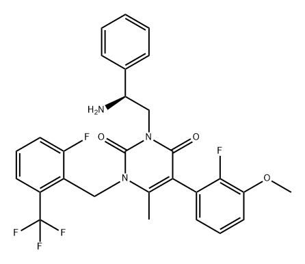 2,4(1H,3H)-Pyrimidinedione, 3-[(2S)-2-amino-2-phenylethyl]-5-(2-fluoro-3-methoxyphenyl)-1-[[2-fluoro-6-(trifluoromethyl)phenyl]methyl]-6-methyl- Structure