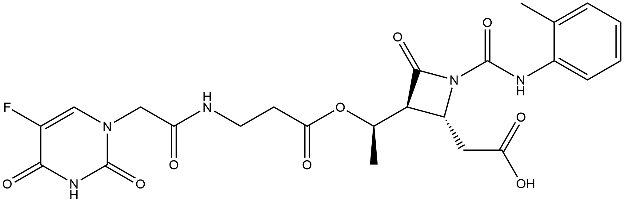β-Alanine, N-[2-(5-fluoro-3,4-dihydro-2,4-dioxo-1(2H)-pyrimidinyl)acetyl]-, (1R)-1-[(2R,3S)-2-(carboxymethyl)-1-[[(2-methylphenyl)amino]carbonyl]-4-oxo-3-azetidinyl]ethyl ester Structure