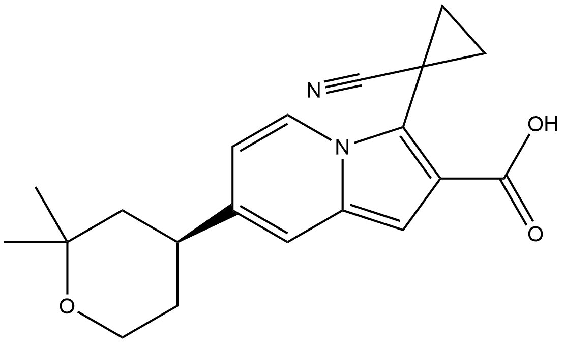 (S)-3-(1-氰基环丙基)-7-(2,2-二甲基四氢-2H-吡喃-4-基)吲嗪-2-甲酸 结构式