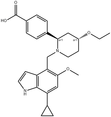 Benzoic acid, 4-[(2R,4R)-1-[(7-cyclopropyl-5-methoxy-1H-indol-4-yl)methyl]-4-ethoxy-2-piperidinyl]-, rel- Struktur