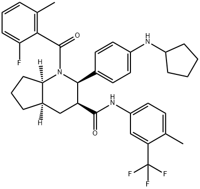 1H-Cyclopenta[b]pyridine-3-carboxamide, 2-[4-(cyclopentylamino)phenyl]-1-(2-fluoro-6-methylbenzoyl)octahydro-N-[4-methyl-3-(trifluoromethyl)phenyl]-, (2R,3S,4aR,7aR)- Structure