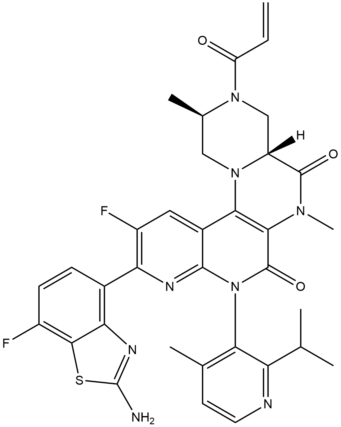 (2R,4aR)-10-(2-Amino-7-fluoro-4-benzothiazolyl)-11-fluoro-2,3,4,4a,6,8-hexahydro-2,6-dimethyl-8-[4-methyl-2-(1-methylethyl)-3-pyridinyl]-3-(1-oxo-2-propen-1-yl)-1H-pyrazino[1′,2′:4,5]pyrazino[2,3-c][1,8]naphthyridine-5,7-dione,2761204-87-7,结构式