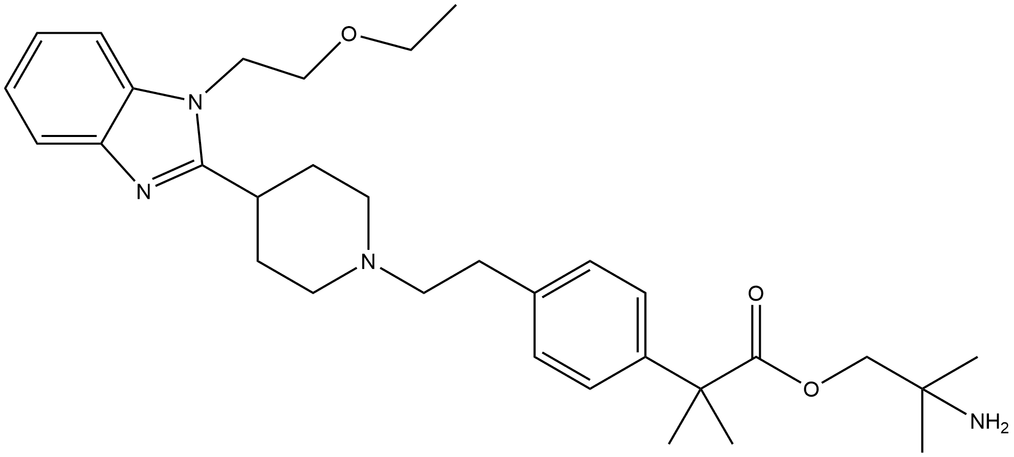 Benzeneacetic acid, 4-[2-[4-[1-(2-ethoxyethyl)-1H-benzimidazol-2-yl]-1-piperidinyl]ethyl]-α,α-dimethyl-, 2-amino-2-methylpropyl ester Structure
