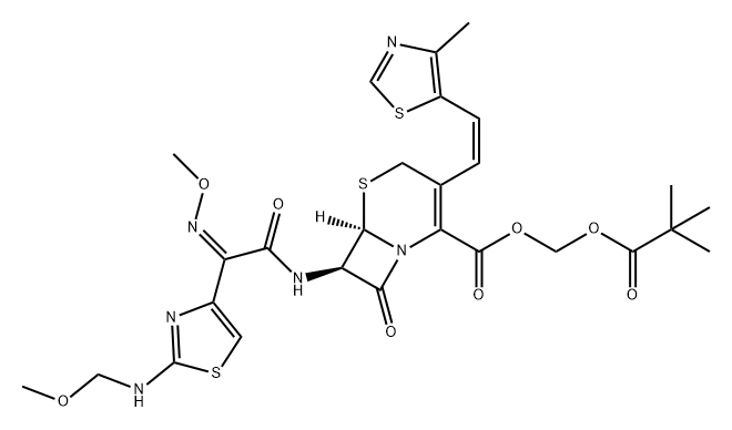 5-Thia-1-azabicyclo[4.2.0]oct-2-ene-2-carboxylic acid, 7-[[(2Z)-2-(methoxyimino)-2-[2-[(methoxymethyl)amino]-4-thiazolyl]acetyl]amino]-3-[(1Z)-2-(4-methyl-5-thiazolyl)ethenyl]-8-oxo-, (2,2-dimethyl-1-oxopropoxy)methyl ester, (6R,7R)- Structure