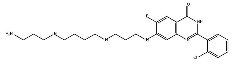 4(3H)-Quinazolinone, 7-[[3-[[4-[(3-aminopropyl)amino]butyl]amino]propyl]amino]-2-(2-chlorophenyl)-6-fluoro-,2770300-35-9,结构式