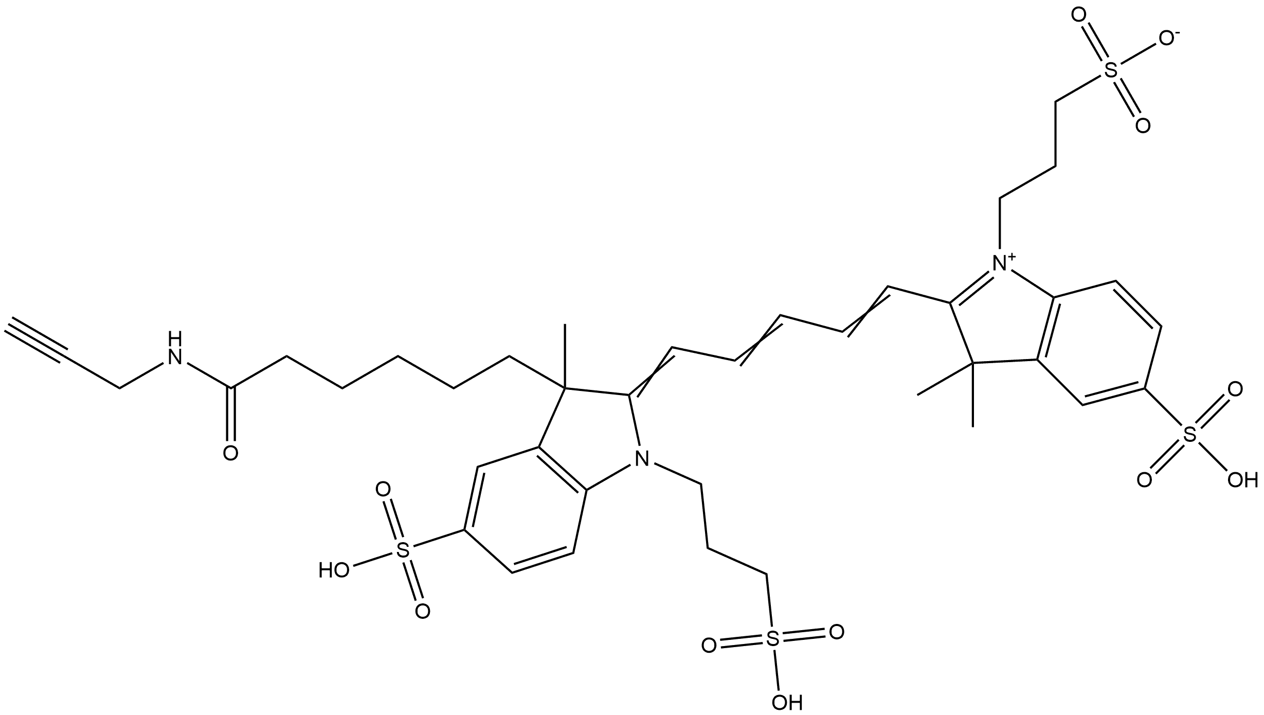 3H-Indolium, 2-[5-[1,3-dihydro-3-methyl-3-[6-oxo-6-(2-propyn-1-ylamino)hexyl]-5-sulfo-1-(3-sulfopropyl)-2H-indol-2-ylidene]-1,3-pentadien-1-yl]-3,3-dimethyl-5-sulfo-1-(3-sulfopropyl)-, inner salt Structure