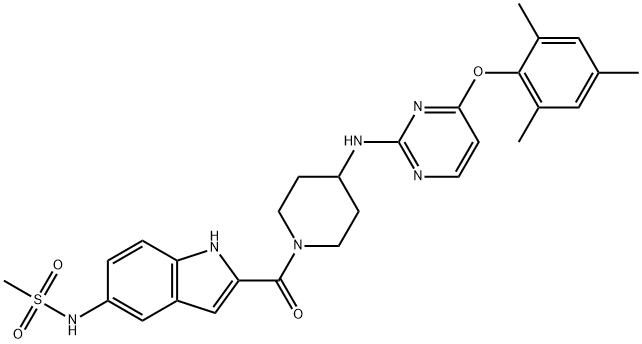 N-[2-[[4-[[4-(2,4,6-Trimethylphenoxy)-2-pyrimidinyl]amino]-1-piperidinyl]carbonyl]-1H-indol-5-yl]methanesulfonamide Structure