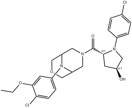 Methanone, [9-(4-chloro-3-ethoxyphenyl)-3-oxa-7,9-diazabicyclo[3.3.1]non-7-yl][(2R,4S)-1-(4-chlorophenyl)-4-hydroxy-2-pyrrolidinyl]-, rel- Struktur