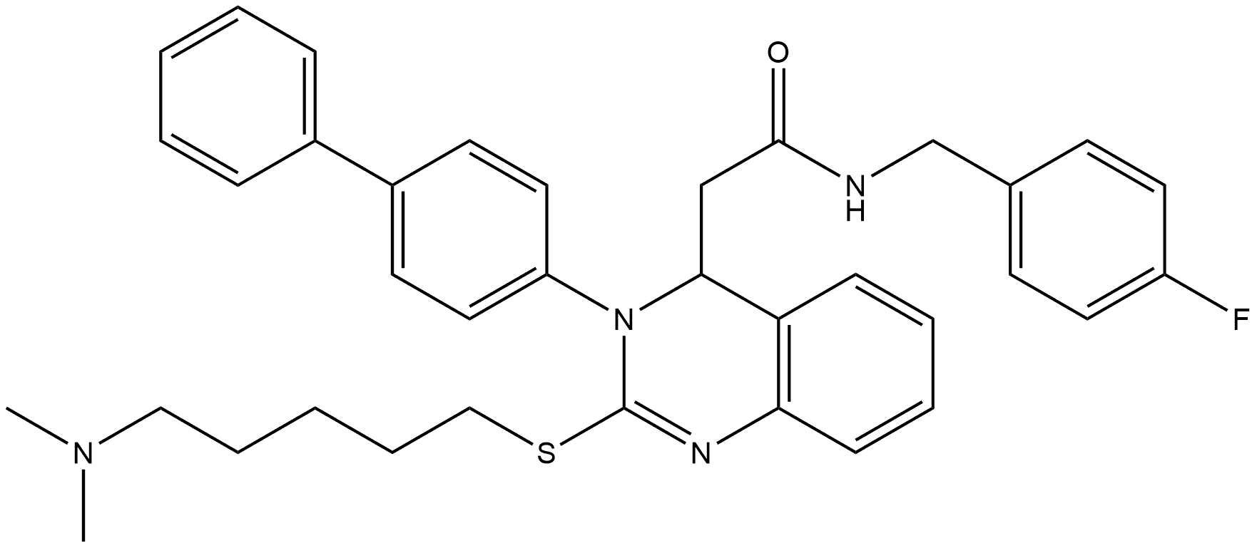 3-[1,1′-Biphenyl]-4-yl-2-[[5-(dimethylamino)pentyl]thio]-N-[(4-fluorophenyl)methyl]-3,4-dihydro-4-quinazolineacetamide 结构式