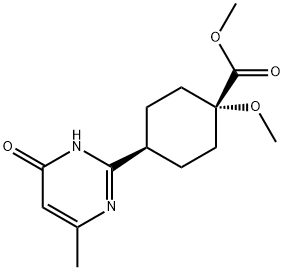 Cyclohexanecarboxylic acid, 4-(1,6-dihydro-4-methyl-6-oxo-2-pyrimidinyl)-1-methoxy-, methyl ester, cis- Structure