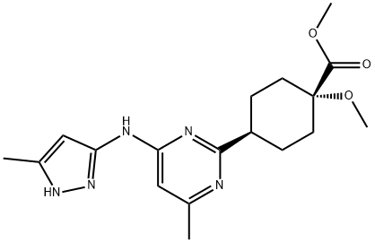 Cyclohexanecarboxylic acid, 1-methoxy-4-[4-methyl-6-[(5-methyl-1H-pyrazol-3-yl)amino]-2-pyrimidinyl]-, methyl ester, cis- Structure