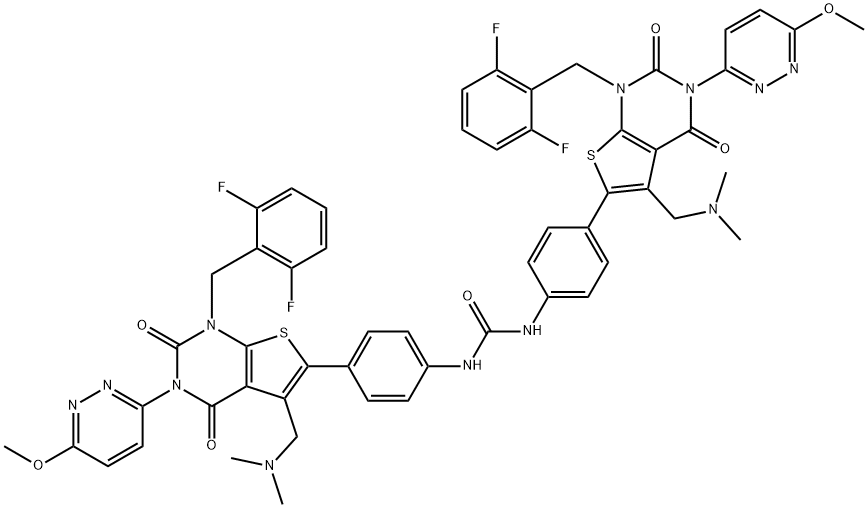 Urea, N,N'-bis[4-[1-[(2,6-difluorophenyl)methyl]-5-[(dimethylamino)methyl]-1,2,3,4-tetrahydro-3-(6-methoxy-3-pyridazinyl)-2,4-dioxothieno[2,3-d]pyrimidin-6-yl]phenyl]- Structure