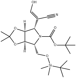 5H-1,3-Dioxolo4,5-cpyrrole-5-carboxylic acid, 4-(1Z)-1-cyano-2-hydroxyethenyl-6-(1,1-dimethylethyl)dimethylsilyloxymethyltetrahydro-2,2-dimethyl-, 1,1-dimethylethyl ester, (3aS,4S,6R,6aR)- Struktur