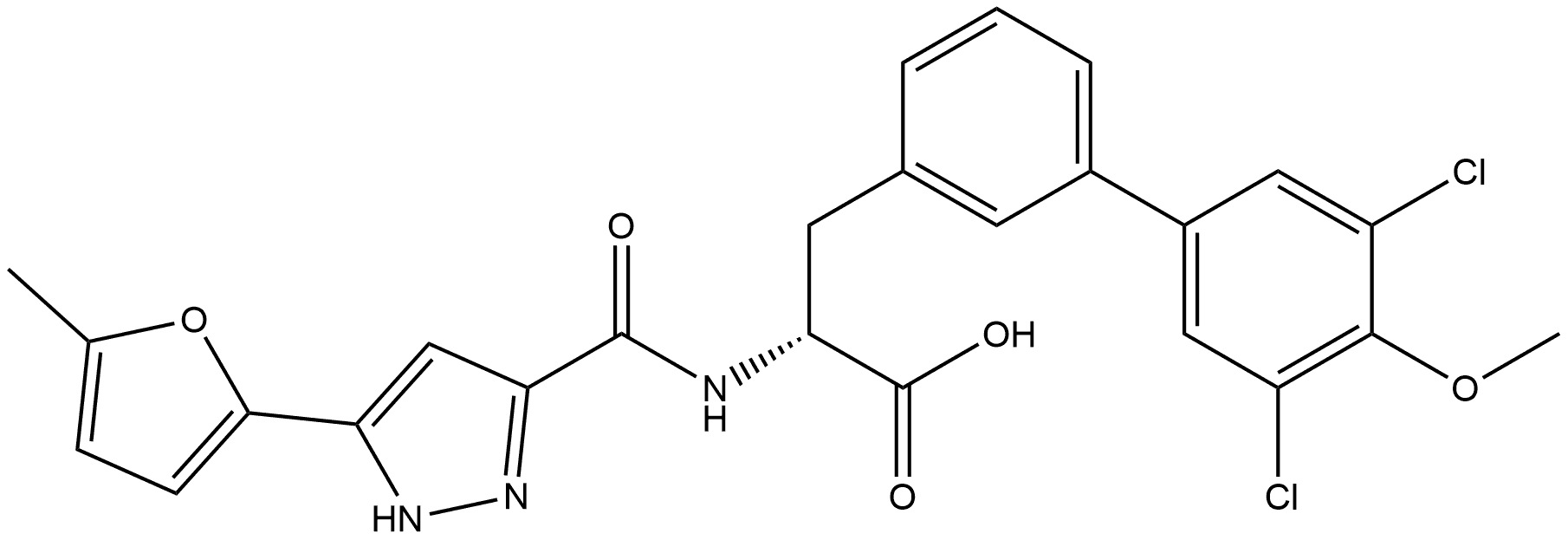 Glycine, 2-[(3′,5′-dichloro-4′-methoxy[1,1′-biphenyl]-3-yl)methyl]-N-[[5-(5-methyl-2-furanyl)-1H-pyrazol-3-yl]carbonyl]-, (2R)- 结构式